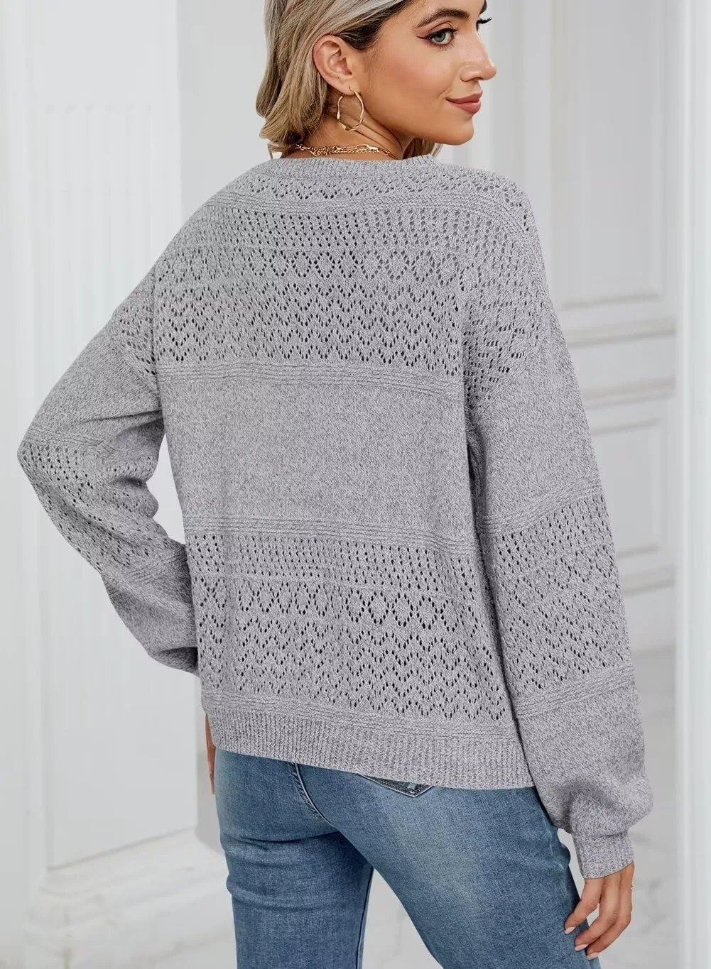 FEKOAFE Womens Sweaters 2025 Fall V Neck Long Sleeve Hollow Knit Pullover Sweaters for Women