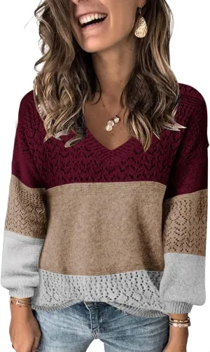 FEKOAFE Womens Sweaters 2025 Fall V Neck Long Sleeve Hollow Knit Pullover Sweaters for Women
