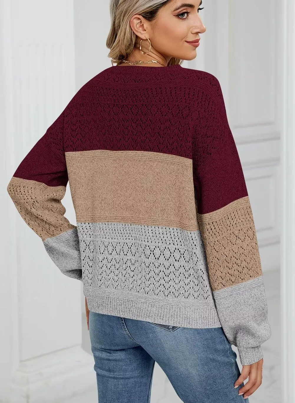 FEKOAFE Womens Sweaters 2025 Fall V Neck Long Sleeve Hollow Knit Pullover Sweaters for Women