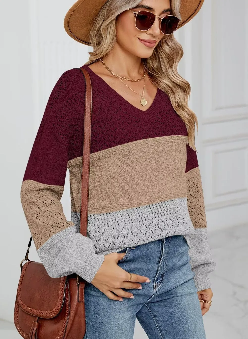 FEKOAFE Womens Sweaters 2025 Fall V Neck Long Sleeve Hollow Knit Pullover Sweaters for Women