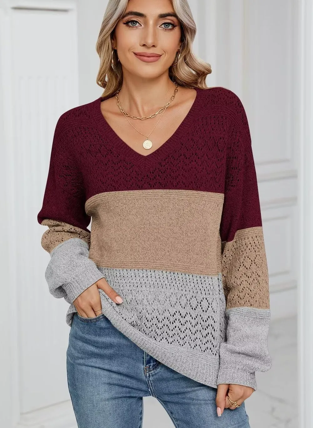 FEKOAFE Womens Sweaters 2025 Fall V Neck Long Sleeve Hollow Knit Pullover Sweaters for Women