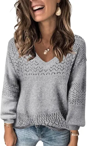 FEKOAFE Womens Sweaters 2025 Fall V Neck Long Sleeve Hollow Knit Pullover Sweaters for Women