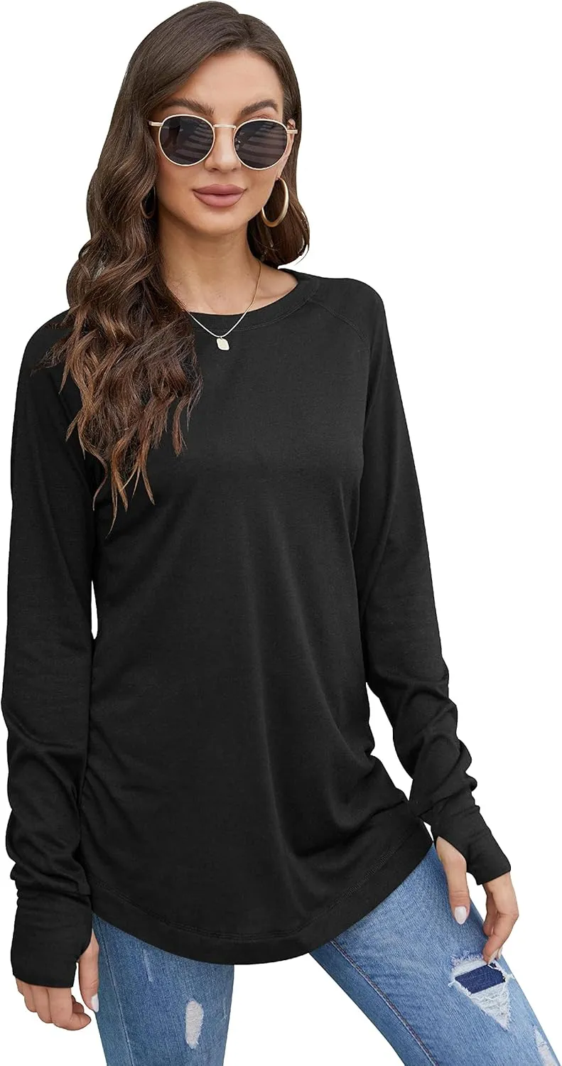 Fisoew Women's Casual Long Sleeve Tops Crew Neck Round Hem Loose T-Shirts Tunic Tops with Thumb Holes
