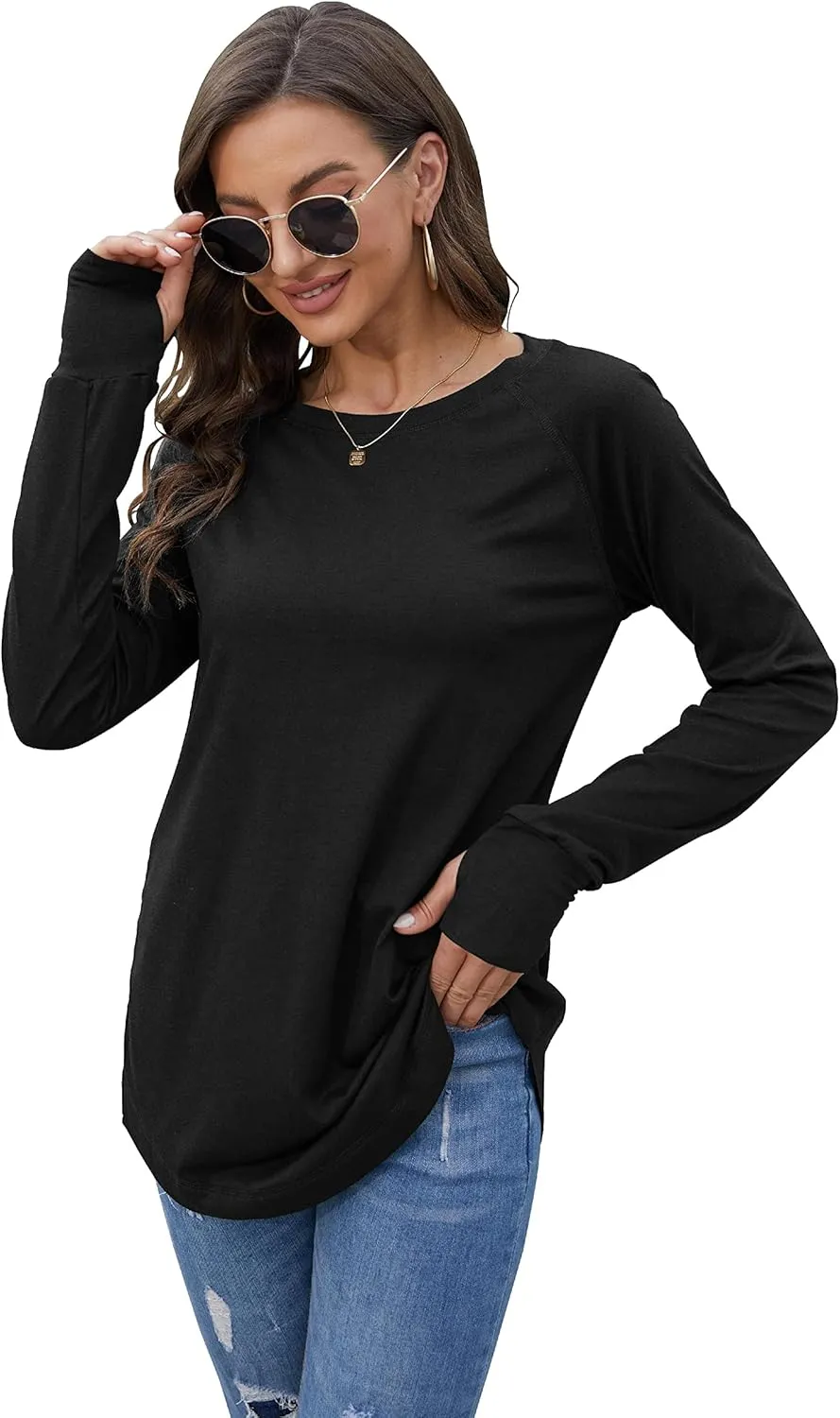 Fisoew Women's Casual Long Sleeve Tops Crew Neck Round Hem Loose T-Shirts Tunic Tops with Thumb Holes