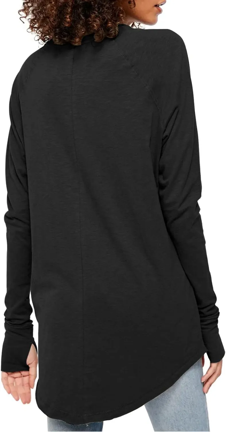 Fisoew Women's Casual Long Sleeve Tops Crew Neck Round Hem Loose T-Shirts Tunic Tops with Thumb Holes