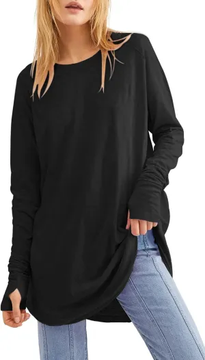 Fisoew Women's Casual Long Sleeve Tops Crew Neck Round Hem Loose T-Shirts Tunic Tops with Thumb Holes