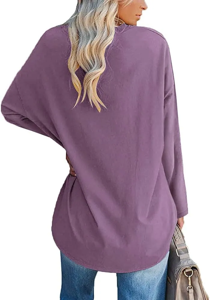 Fisoew Women's Long Sleeve Oversized T Shirts Loose Casual Crewneck Tunic Tops Soft Blouse