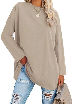 Fisoew Women's Long Sleeve Oversized T Shirts Loose Casual Crewneck Tunic Tops Soft Blouse