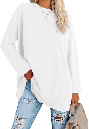 Fisoew Women's Long Sleeve Oversized T Shirts Loose Casual Crewneck Tunic Tops Soft Blouse