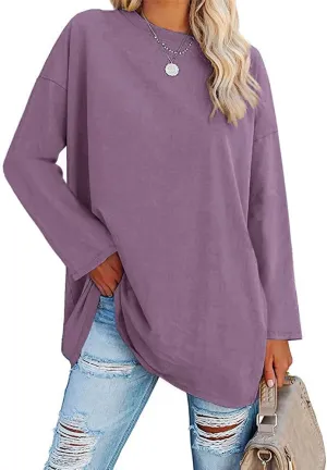 Fisoew Women's Long Sleeve Oversized T Shirts Loose Casual Crewneck Tunic Tops Soft Blouse