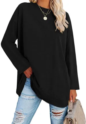 Fisoew Women's Long Sleeve Oversized T Shirts Loose Casual Crewneck Tunic Tops Soft Blouse