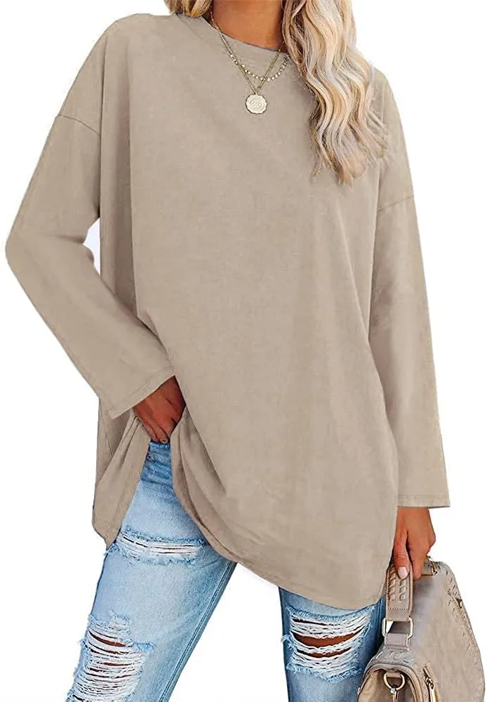 Fisoew Women's Long Sleeve Oversized T Shirts Loose Casual Crewneck Tunic Tops Soft Blouse