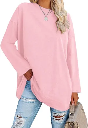 Fisoew Women's Long Sleeve Oversized T Shirts Loose Casual Crewneck Tunic Tops Soft Blouse
