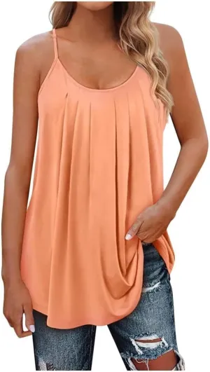 FMCHICO Tank Top for Women Pleated Spaghetti Strap Camisole Loose Fit Casual Sleeveless Flowy Basic Tops