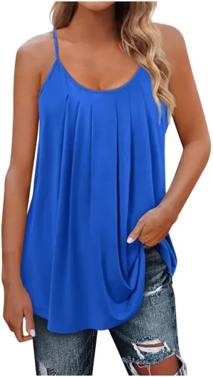 FMCHICO Tank Top for Women Pleated Spaghetti Strap Camisole Loose Fit Casual Sleeveless Flowy Basic Tops