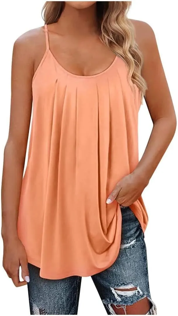 FMCHICO Tank Top for Women Pleated Spaghetti Strap Camisole Loose Fit Casual Sleeveless Flowy Basic Tops