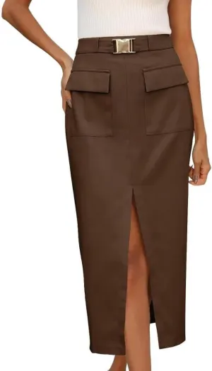 FMCHICO Women High Waisted Cargo Midi Skirt Trendy Summer Fall Pencil Slit Dressy Casual Business Work Skirts with Pockets