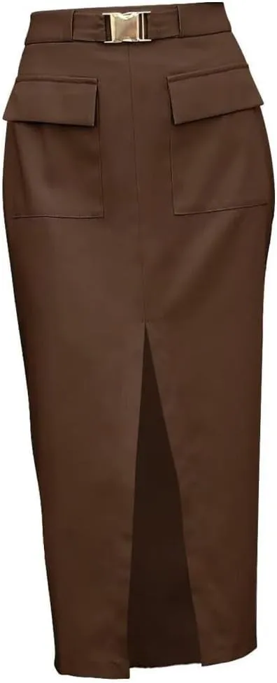 FMCHICO Women High Waisted Cargo Midi Skirt Trendy Summer Fall Pencil Slit Dressy Casual Business Work Skirts with Pockets