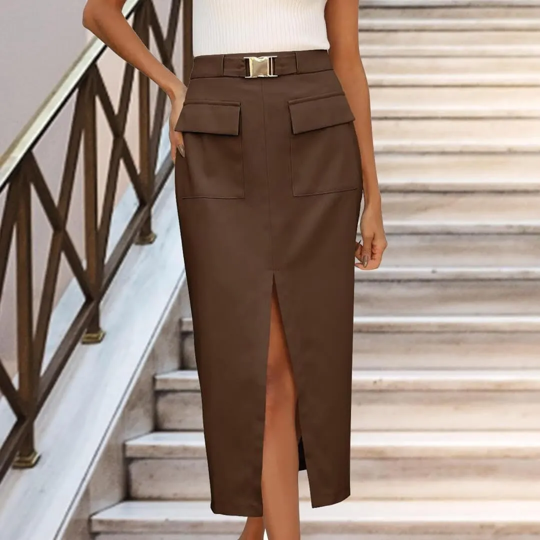 FMCHICO Women High Waisted Cargo Midi Skirt Trendy Summer Fall Pencil Slit Dressy Casual Business Work Skirts with Pockets
