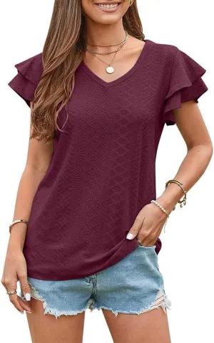 FMCHICO Womens Summer Tops Wrap Crew Neck Blouse Casual Short Sleeve Shirts