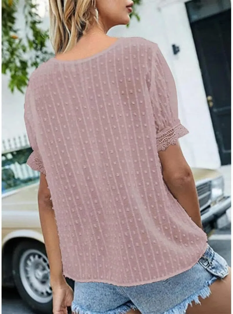 FMCHICO Women's V Neck Lace Crochet Tunic Tops Flowy Casual Blouses Shirts