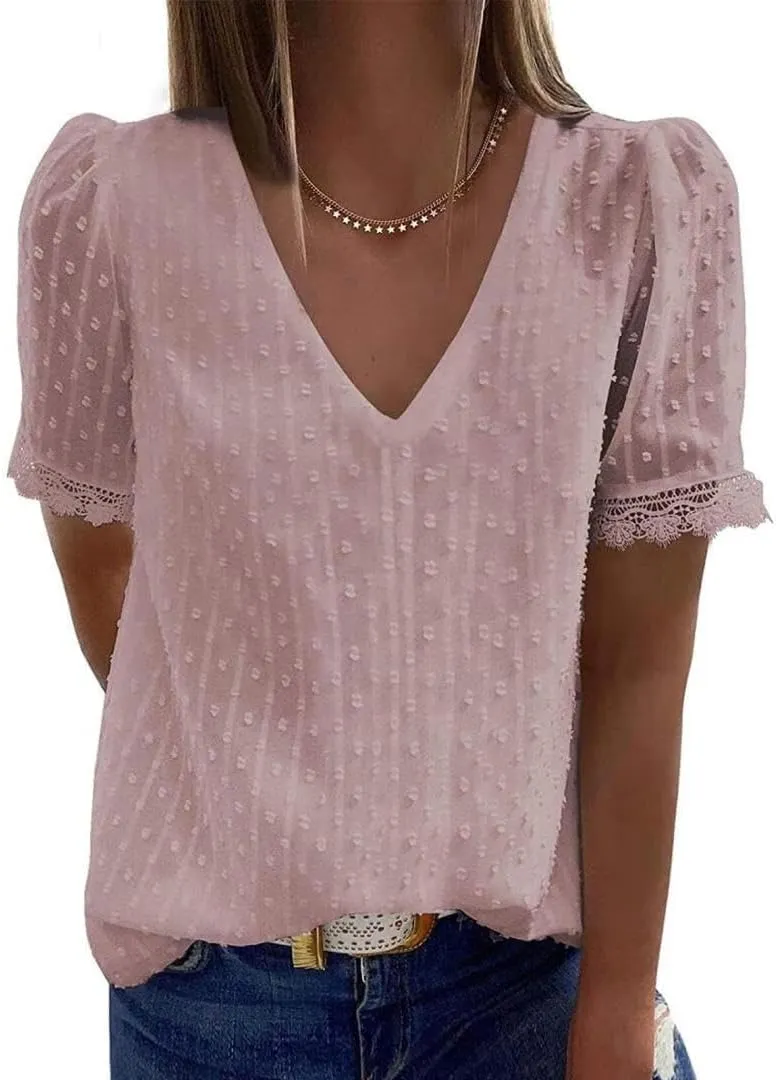 FMCHICO Women's V Neck Lace Crochet Tunic Tops Flowy Casual Blouses Shirts