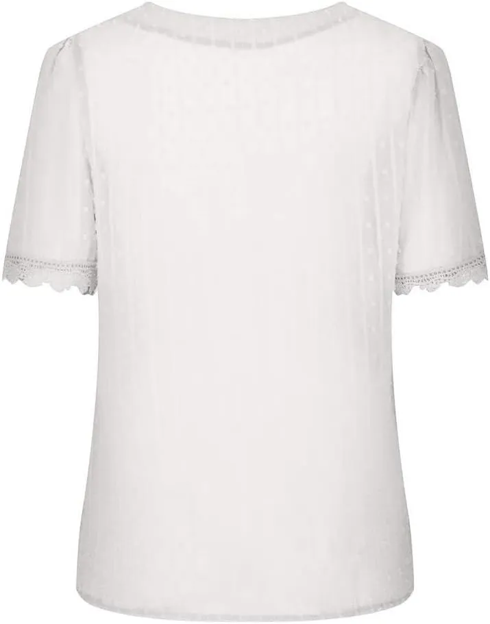 FMCHICO Women's V Neck Lace Crochet Tunic Tops Flowy Casual Blouses Shirts