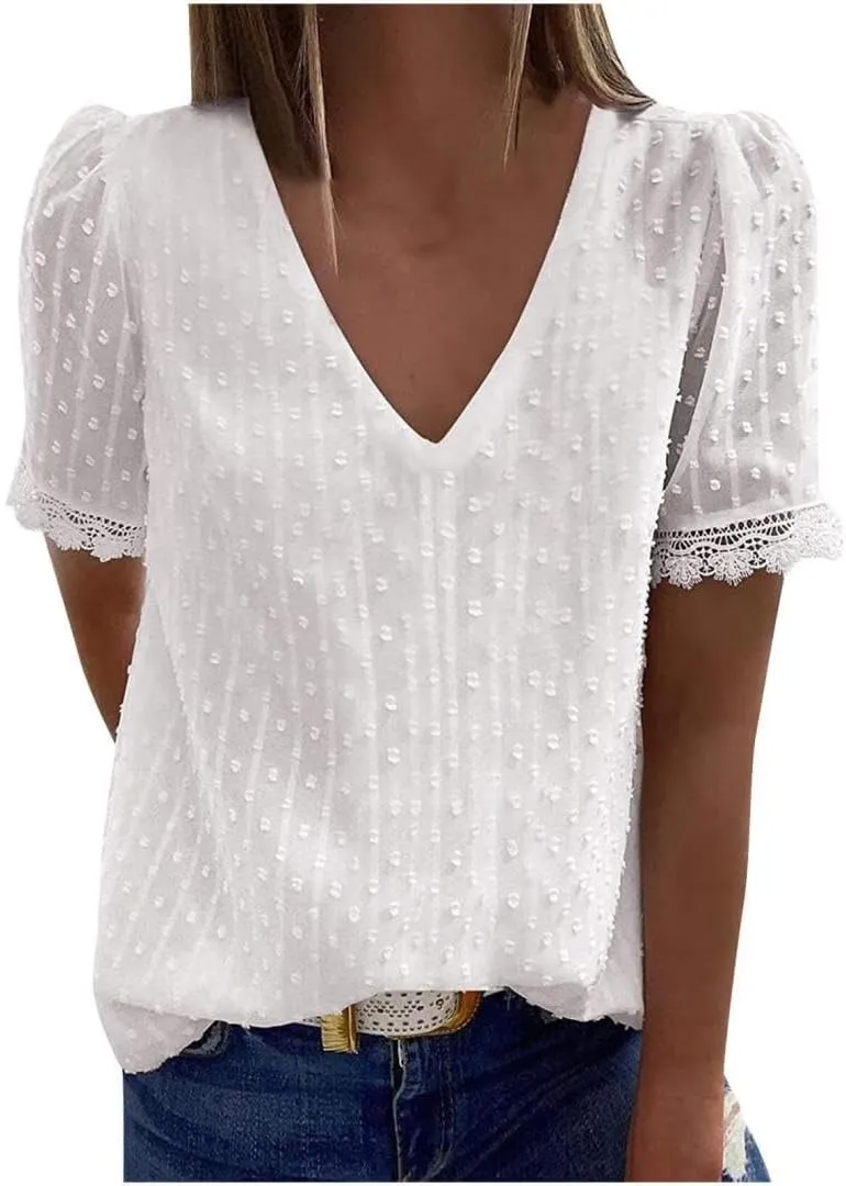 FMCHICO Women's V Neck Lace Crochet Tunic Tops Flowy Casual Blouses Shirts