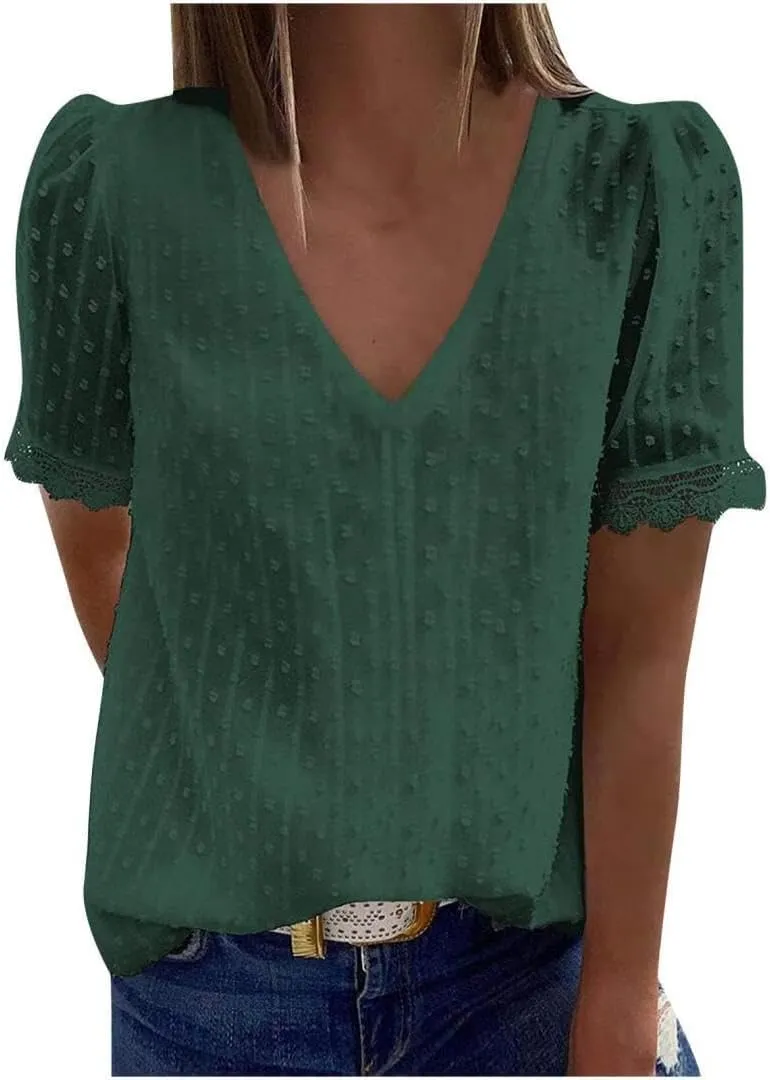 FMCHICO Women's V Neck Lace Crochet Tunic Tops Flowy Casual Blouses Shirts