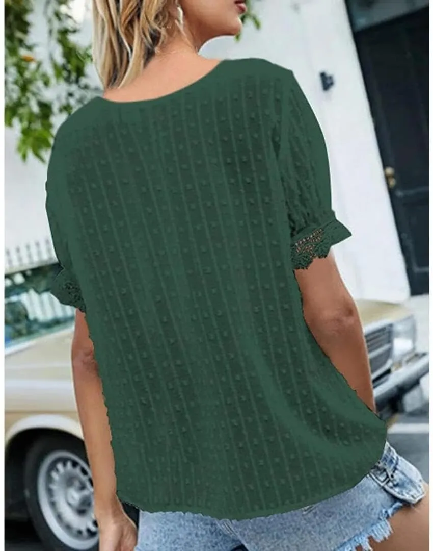 FMCHICO Women's V Neck Lace Crochet Tunic Tops Flowy Casual Blouses Shirts