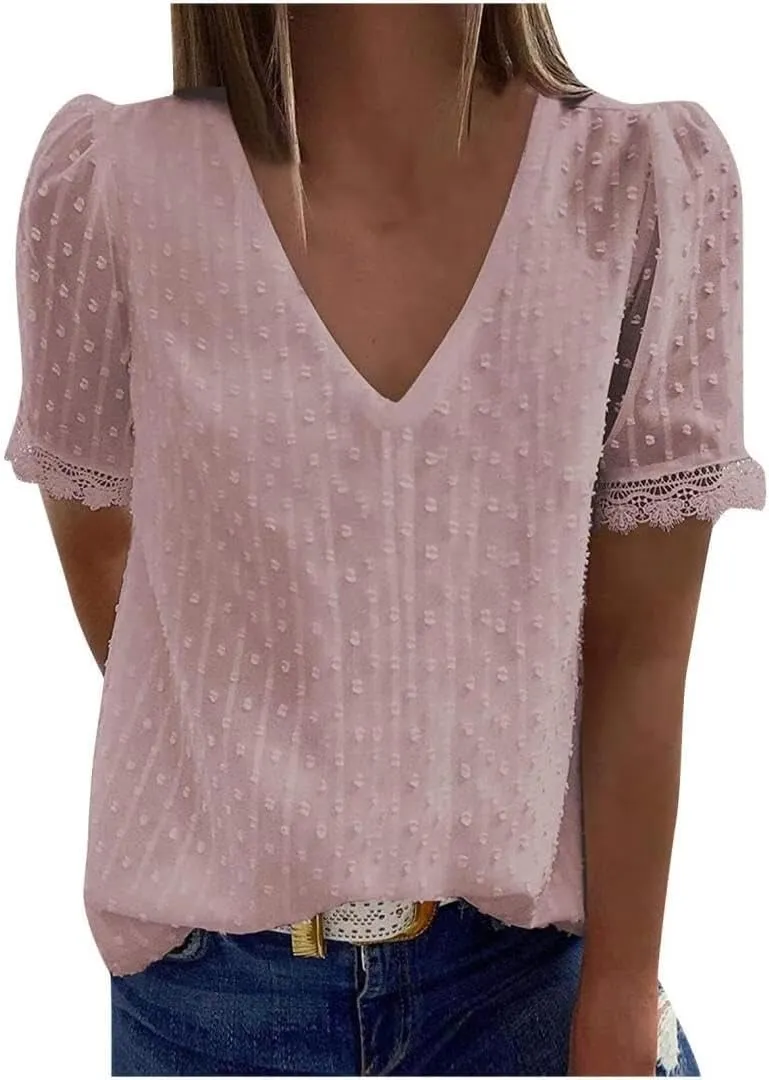 FMCHICO Women's V Neck Lace Crochet Tunic Tops Flowy Casual Blouses Shirts