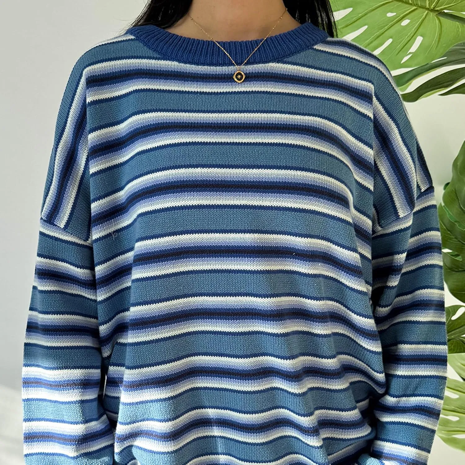 FOMOYUU Oversized Striped Sweater Women Color Block Round Neck Long Sleeve Sweatshirt Loose Pullover Y2K Preppy Jumper