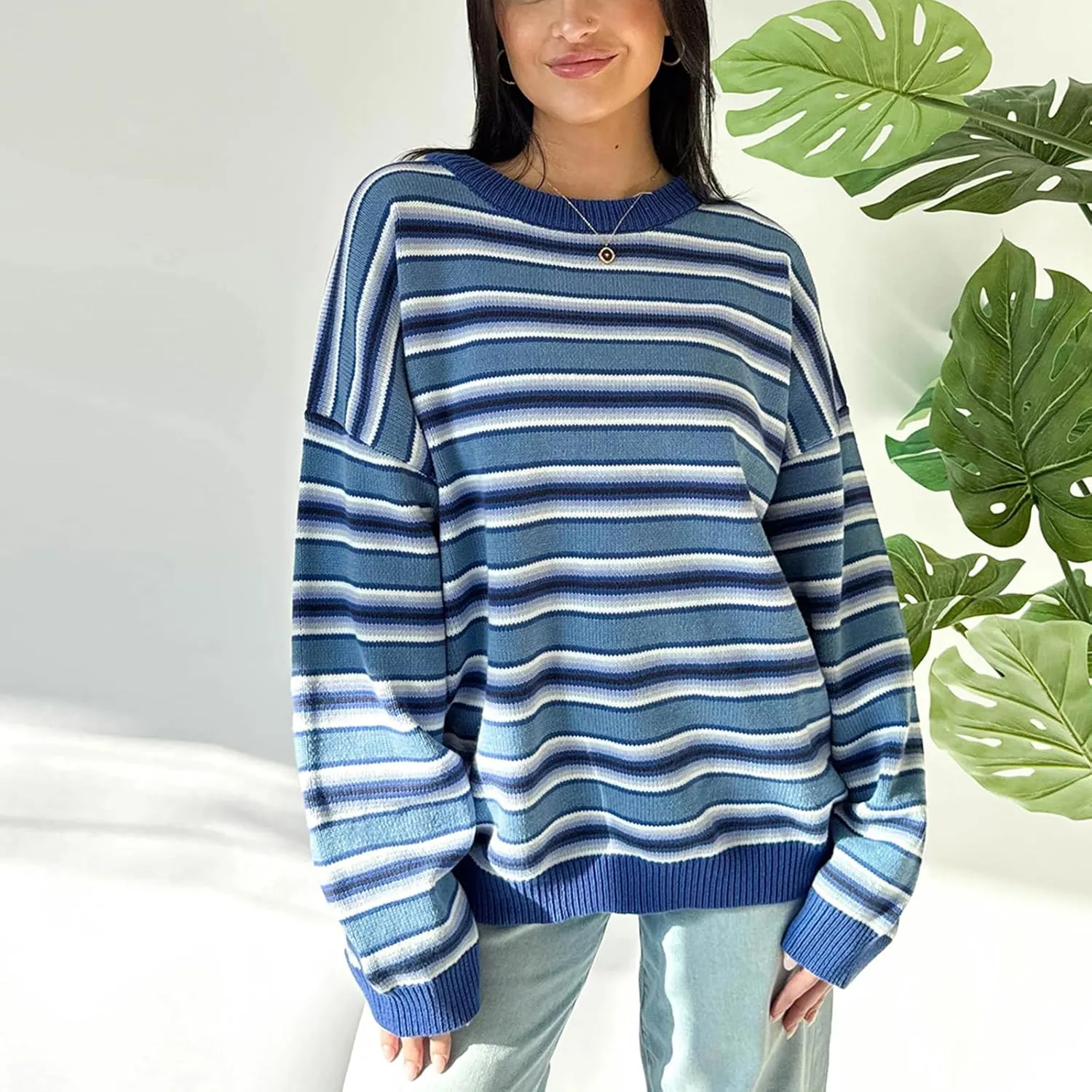 FOMOYUU Oversized Striped Sweater Women Color Block Round Neck Long Sleeve Sweatshirt Loose Pullover Y2K Preppy Jumper