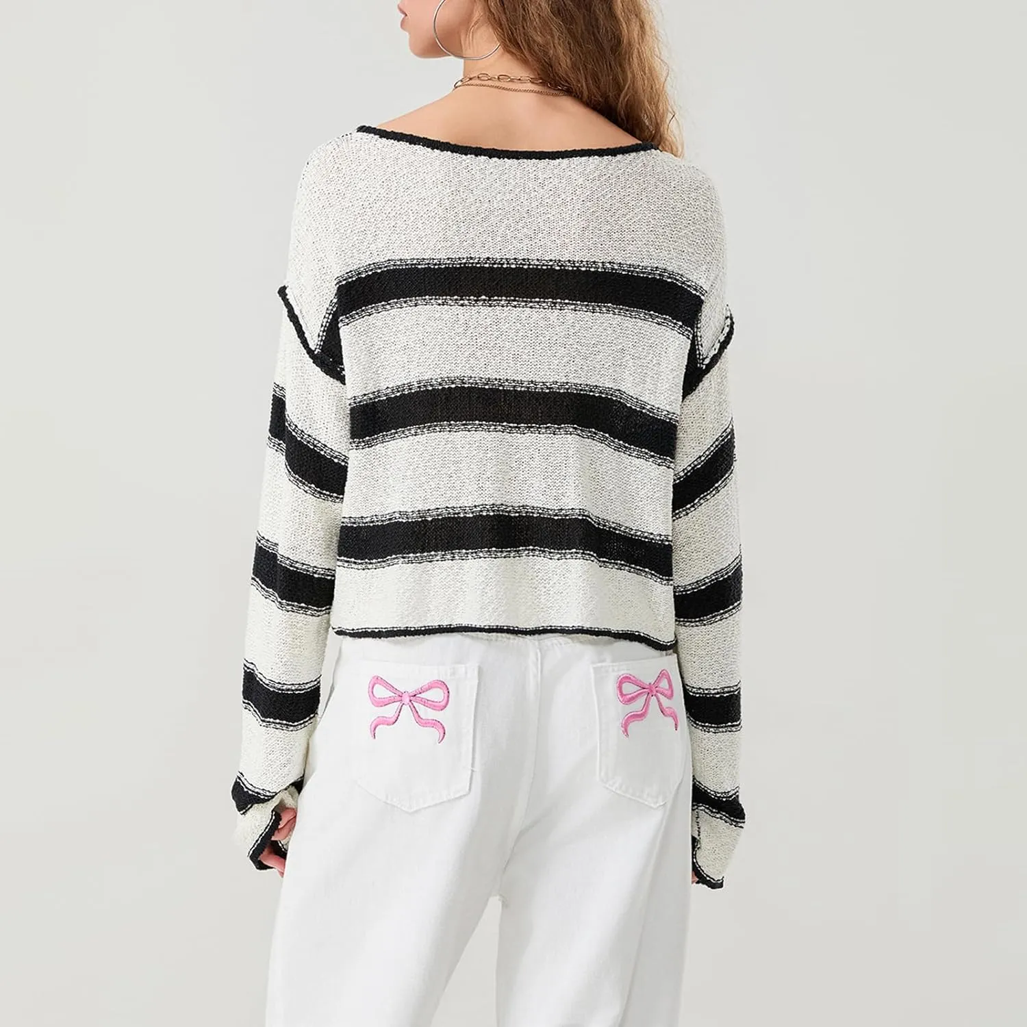 FOMOYUU Oversized Striped Sweater Women Color Block Round Neck Long Sleeve Sweatshirt Loose Pullover Y2K Preppy Jumper