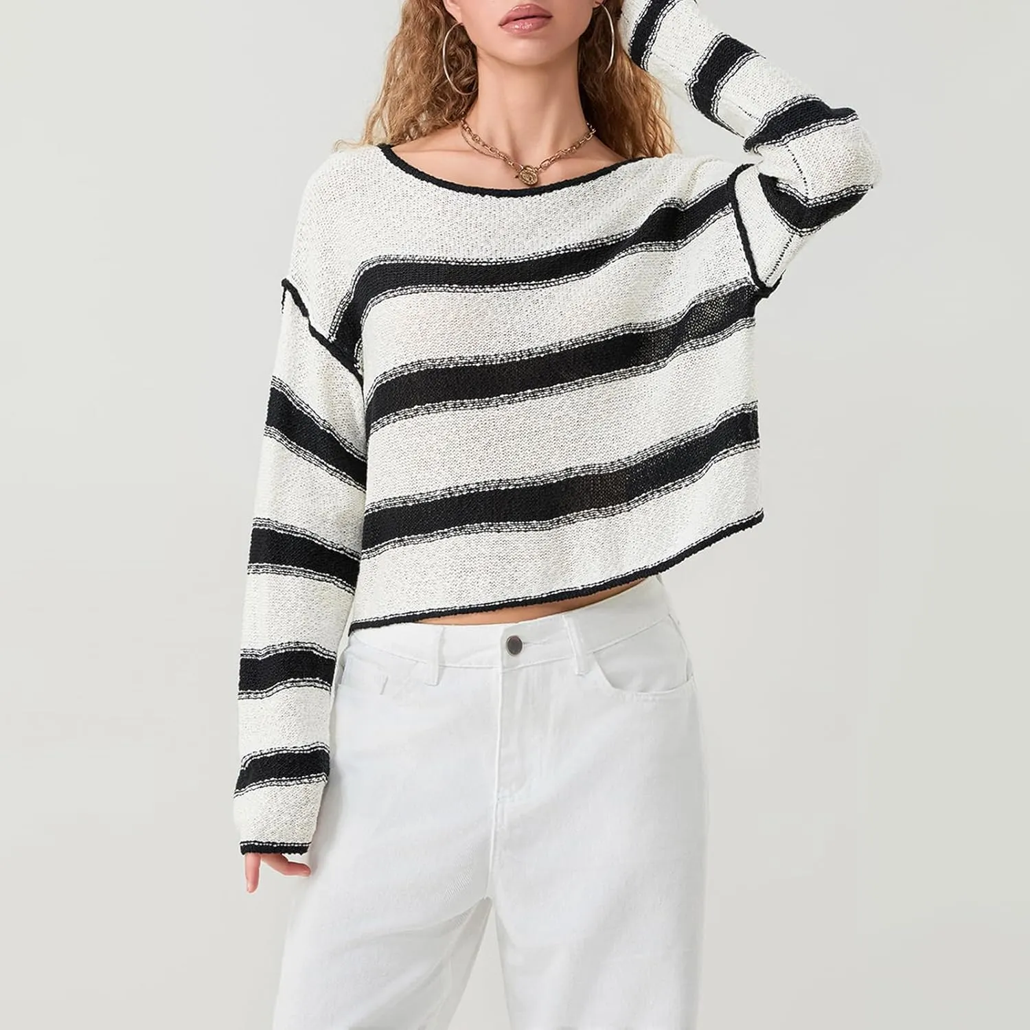 FOMOYUU Oversized Striped Sweater Women Color Block Round Neck Long Sleeve Sweatshirt Loose Pullover Y2K Preppy Jumper