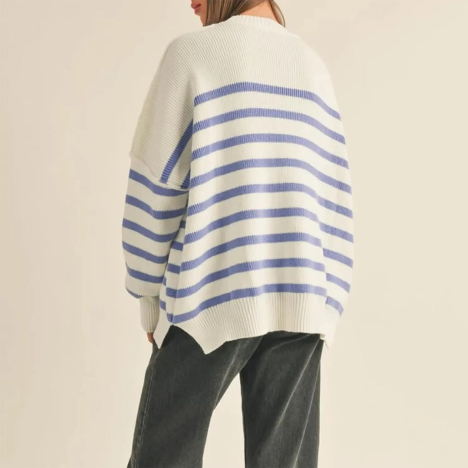 FOMOYUU Oversized Striped Sweater Women Color Block Round Neck Long Sleeve Sweatshirt Loose Pullover Y2K Preppy Jumper