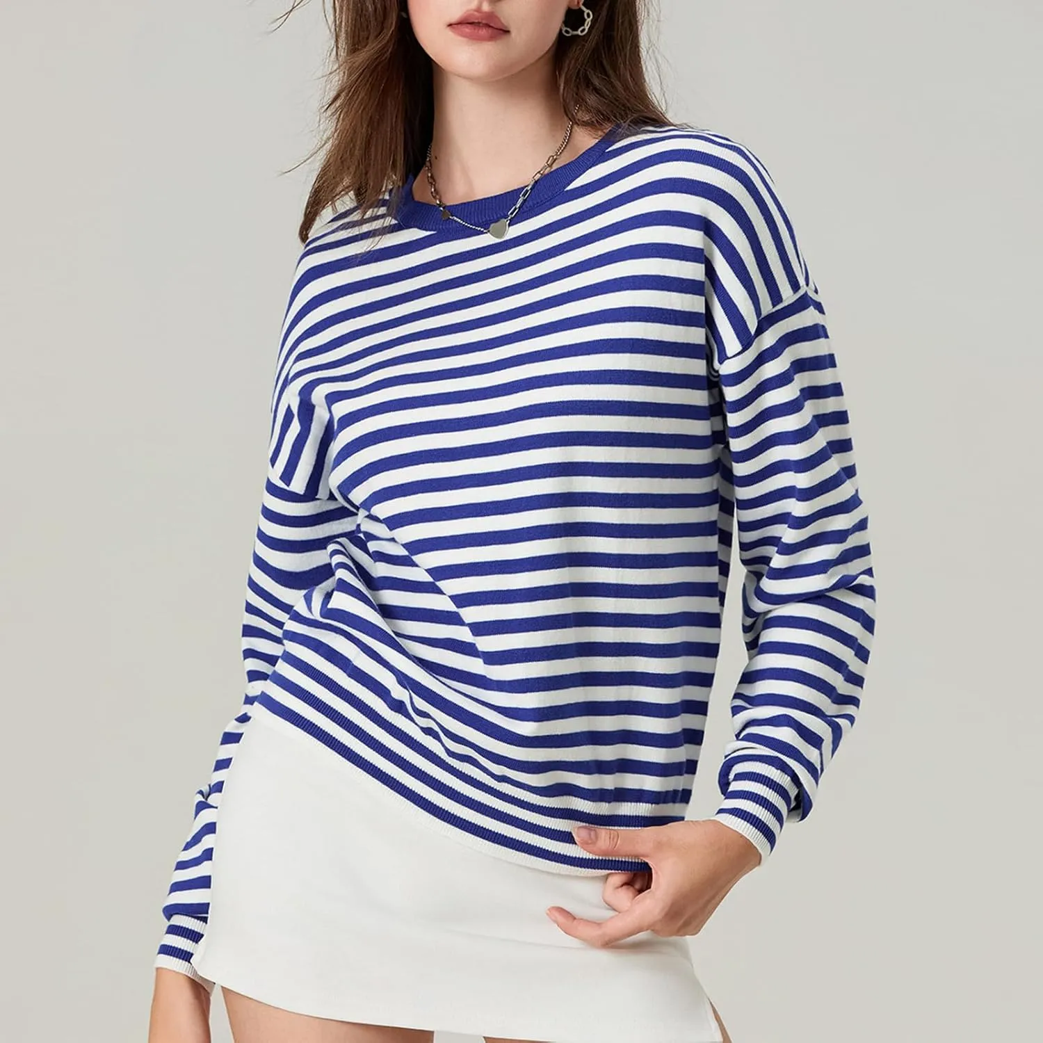 FOMOYUU Oversized Striped Sweater Women Color Block Round Neck Long Sleeve Sweatshirt Loose Pullover Y2K Preppy Jumper