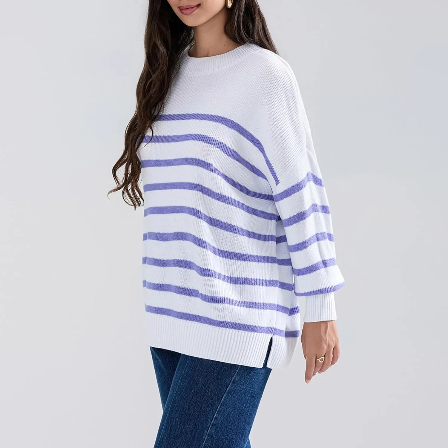 FOMOYUU Oversized Striped Sweater Women Color Block Round Neck Long Sleeve Sweatshirt Loose Pullover Y2K Preppy Jumper
