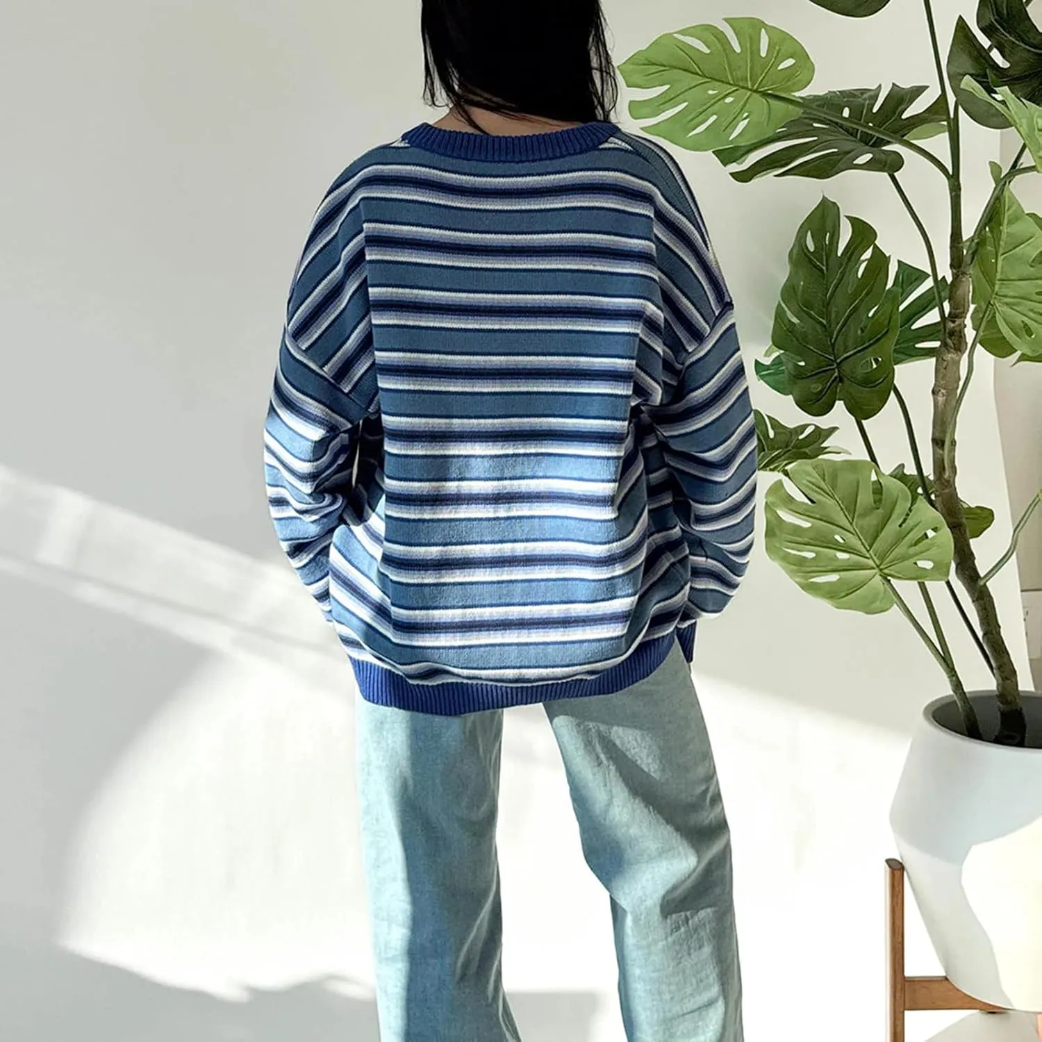 FOMOYUU Oversized Striped Sweater Women Color Block Round Neck Long Sleeve Sweatshirt Loose Pullover Y2K Preppy Jumper