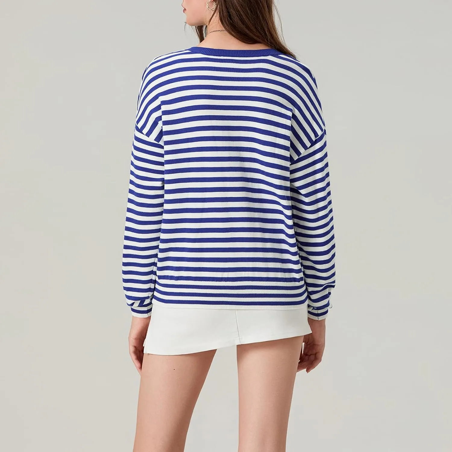 FOMOYUU Oversized Striped Sweater Women Color Block Round Neck Long Sleeve Sweatshirt Loose Pullover Y2K Preppy Jumper