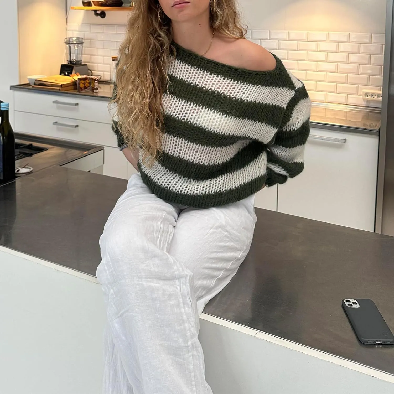 FOMOYUU Oversized Striped Sweater Women Color Block Round Neck Long Sleeve Sweatshirt Loose Pullover Y2K Preppy Jumper