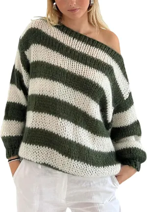 FOMOYUU Oversized Striped Sweater Women Color Block Round Neck Long Sleeve Sweatshirt Loose Pullover Y2K Preppy Jumper