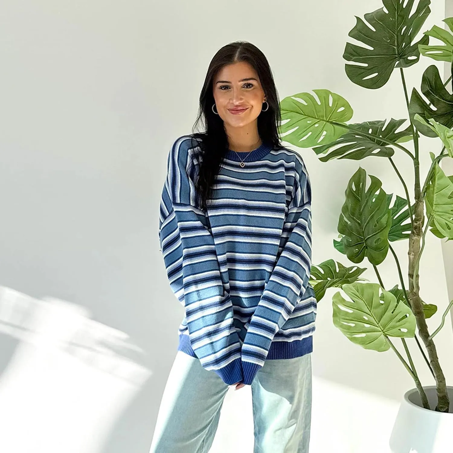 FOMOYUU Oversized Striped Sweater Women Color Block Round Neck Long Sleeve Sweatshirt Loose Pullover Y2K Preppy Jumper