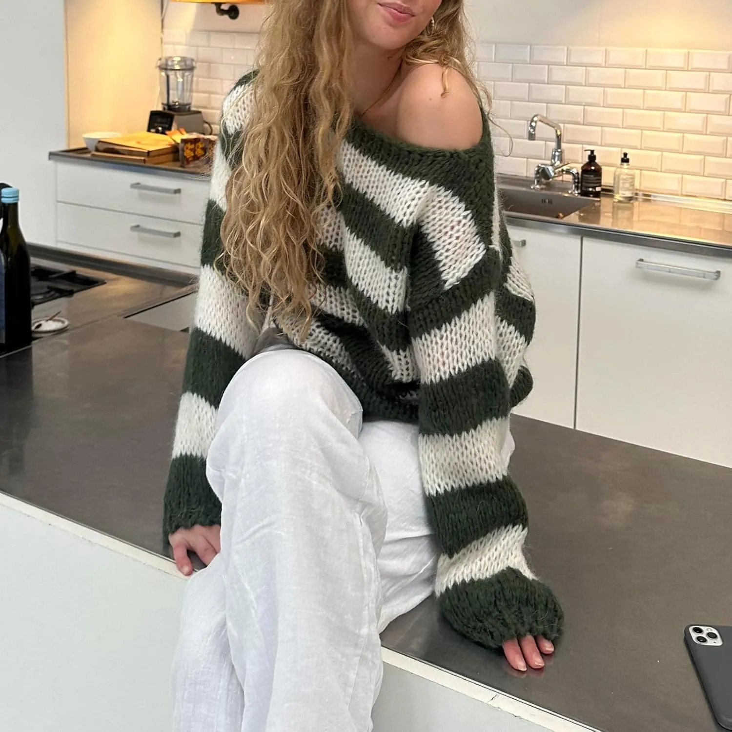 FOMOYUU Oversized Striped Sweater Women Color Block Round Neck Long Sleeve Sweatshirt Loose Pullover Y2K Preppy Jumper