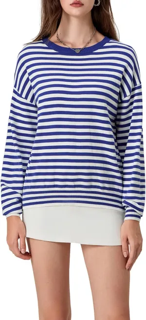FOMOYUU Oversized Striped Sweater Women Color Block Round Neck Long Sleeve Sweatshirt Loose Pullover Y2K Preppy Jumper