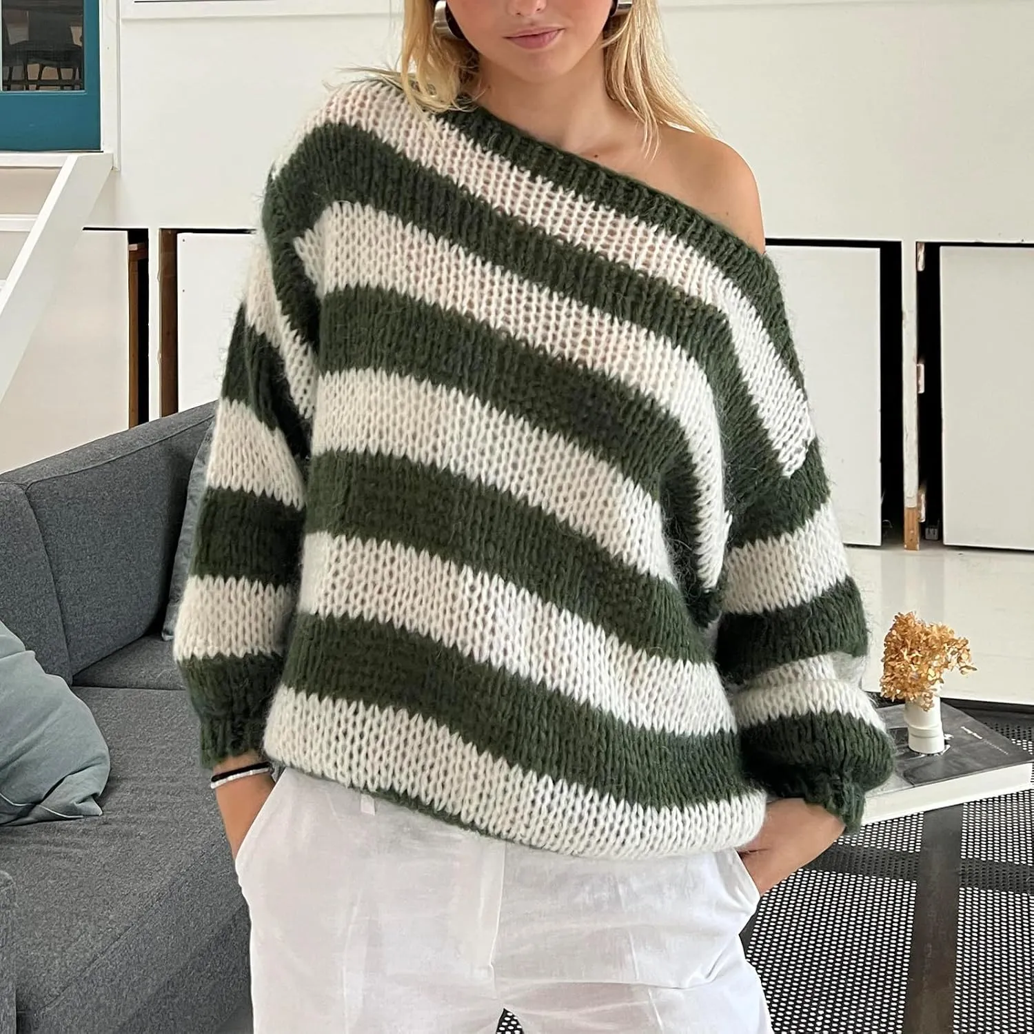 FOMOYUU Oversized Striped Sweater Women Color Block Round Neck Long Sleeve Sweatshirt Loose Pullover Y2K Preppy Jumper