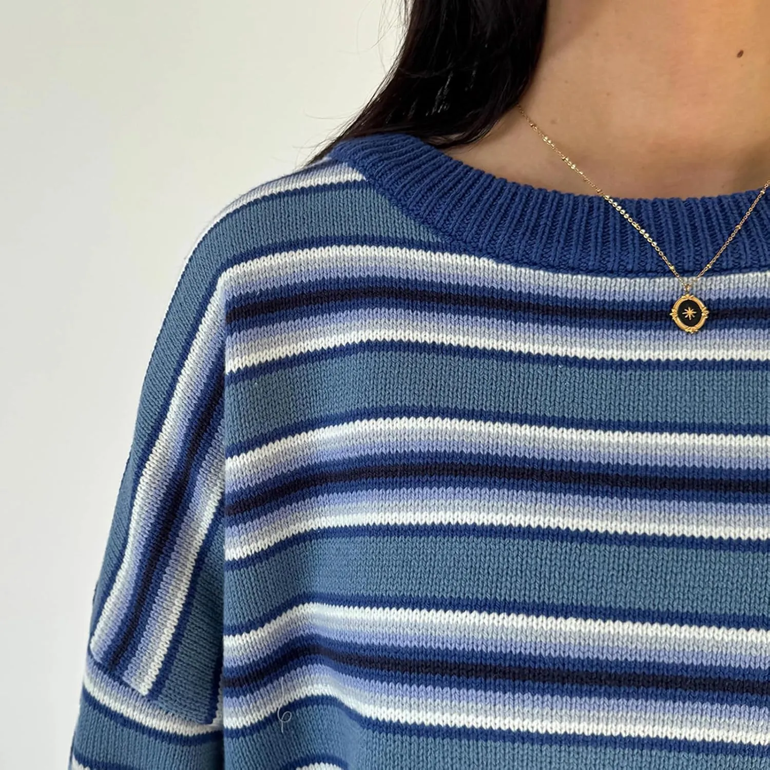 FOMOYUU Oversized Striped Sweater Women Color Block Round Neck Long Sleeve Sweatshirt Loose Pullover Y2K Preppy Jumper