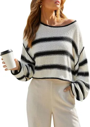 FOMOYUU Oversized Striped Sweater Women Color Block Round Neck Long Sleeve Sweatshirt Loose Pullover Y2K Preppy Jumper