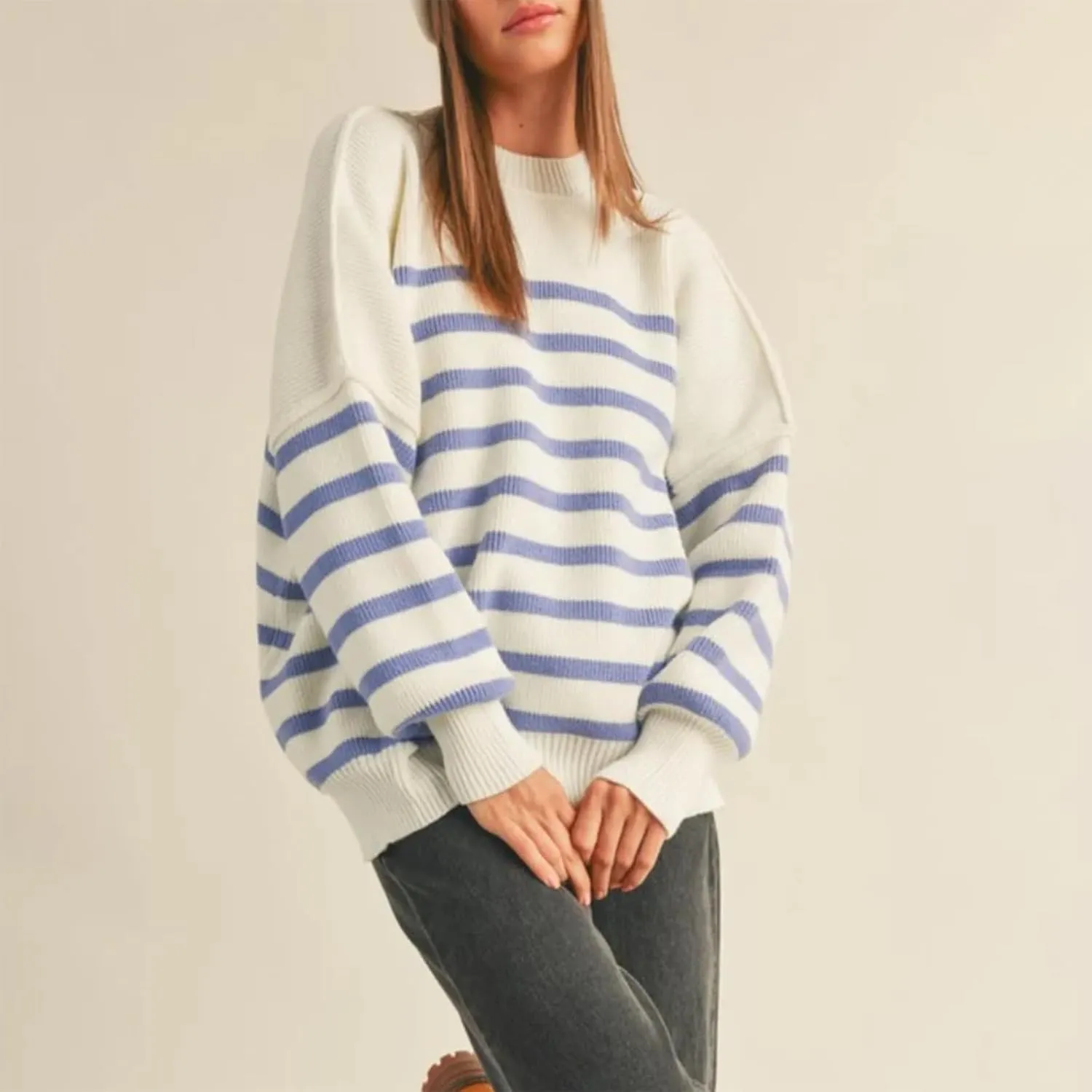 FOMOYUU Oversized Striped Sweater Women Color Block Round Neck Long Sleeve Sweatshirt Loose Pullover Y2K Preppy Jumper