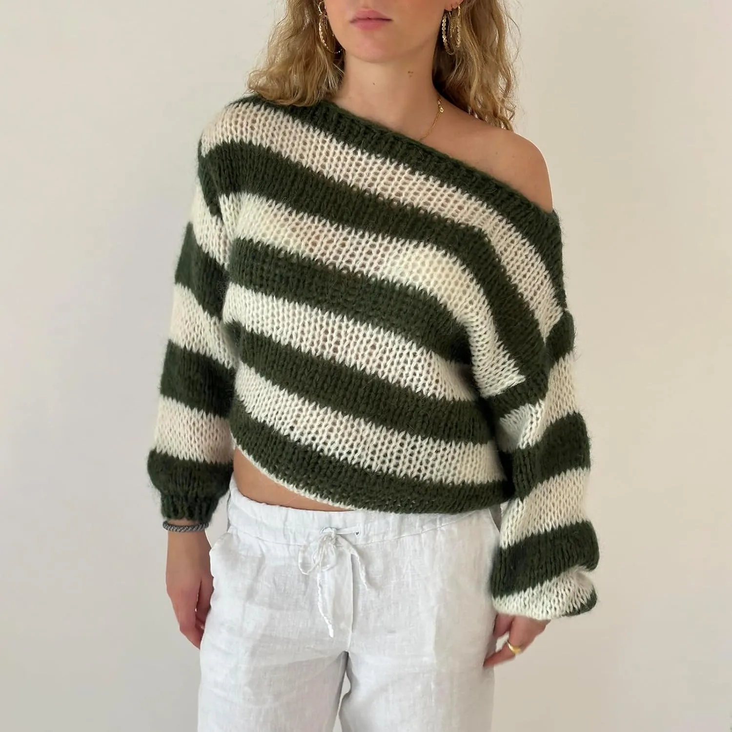 FOMOYUU Oversized Striped Sweater Women Color Block Round Neck Long Sleeve Sweatshirt Loose Pullover Y2K Preppy Jumper